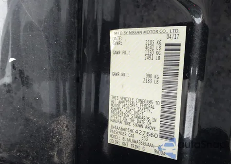 2017 Nissan Maxima 3.5S z USA, uszkodzony, nr VIN 1N4AA6AP5HC427660